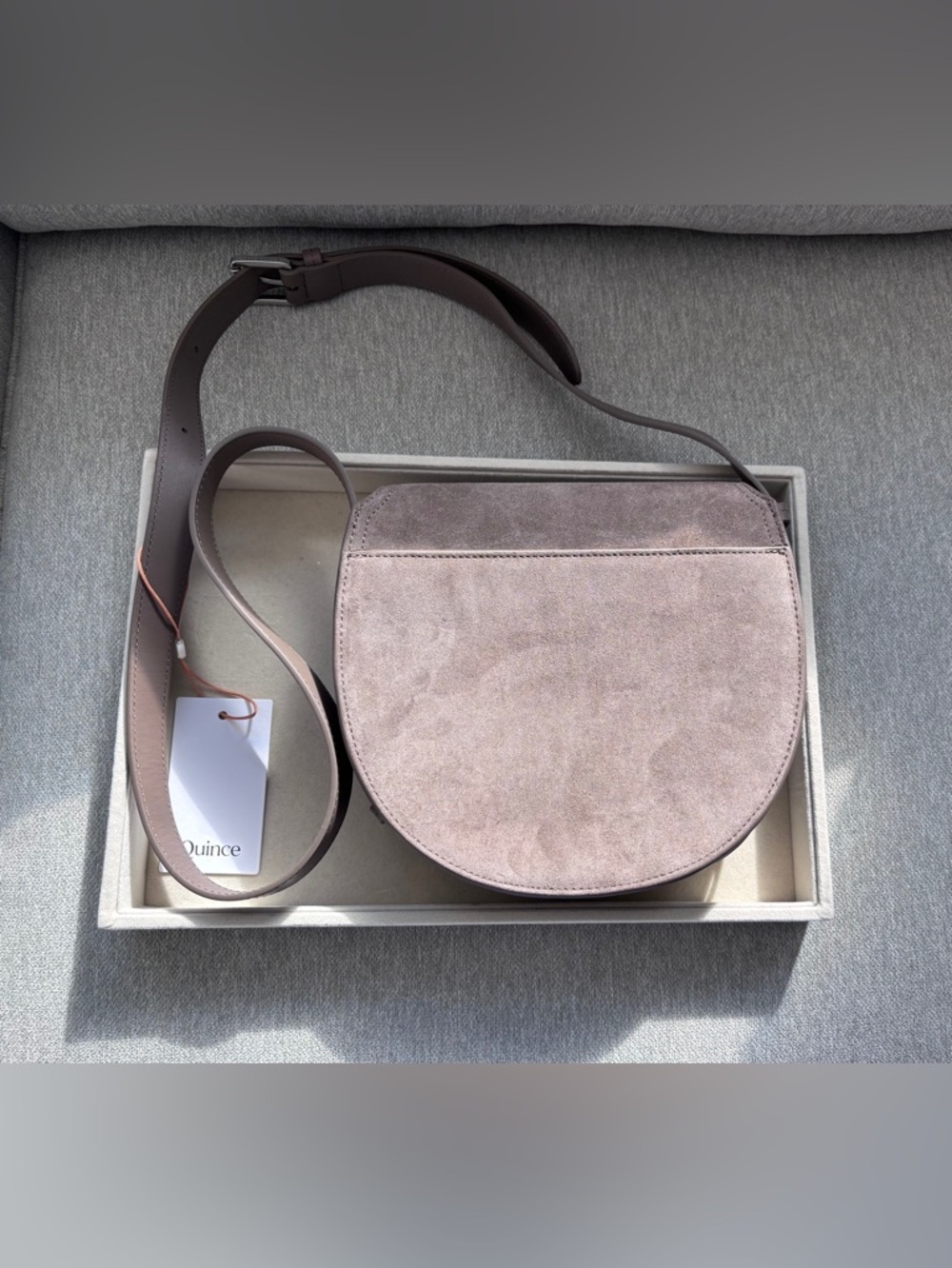 Quince Italian Suede Saddle Bag Crossbody Pebble NWT - Picture 5 of 9